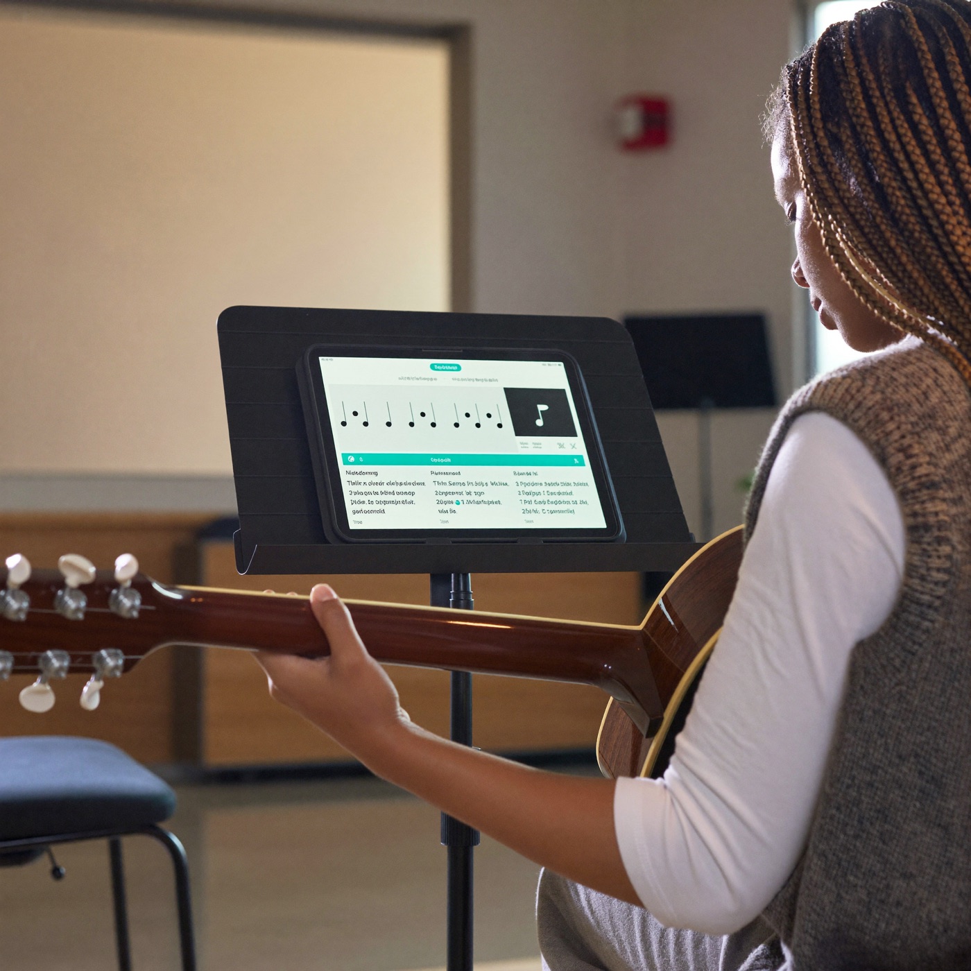 A worship musician reading a chord chart in the Charts app on an iPad during rehearsal