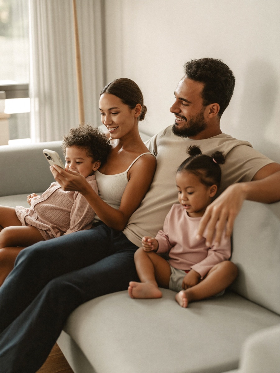 A young family at home reading a message from their church on a phone