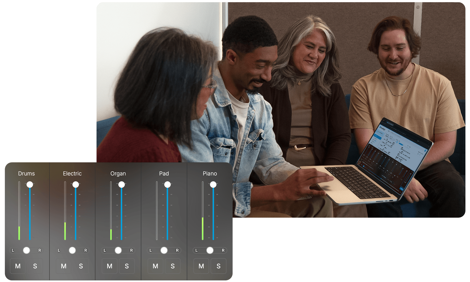 A worship team gathered around a laptop running the Rehearse Dynamic Mixer with per-instrument faders